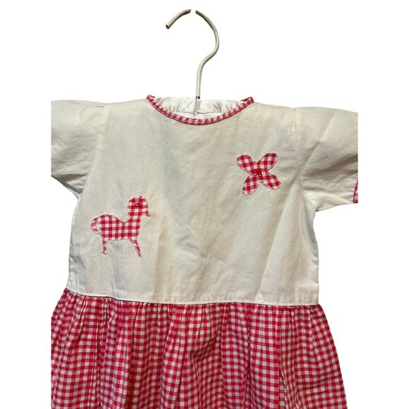Vtg Handmade Wht/Red Check Dress, Stitched Horse/Flower 9-12months - Picture 3 of 11